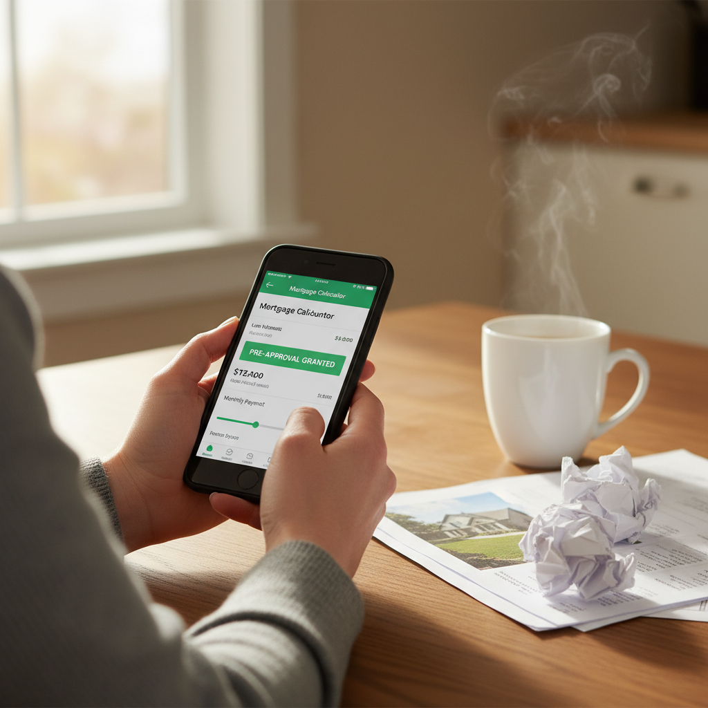 Close-up of a woman's hands holding a smartphone showing a mortgage calculator app, a pre-approval notification on screen, morning light, a coffee mug and listing printout beside her on the kitchen table