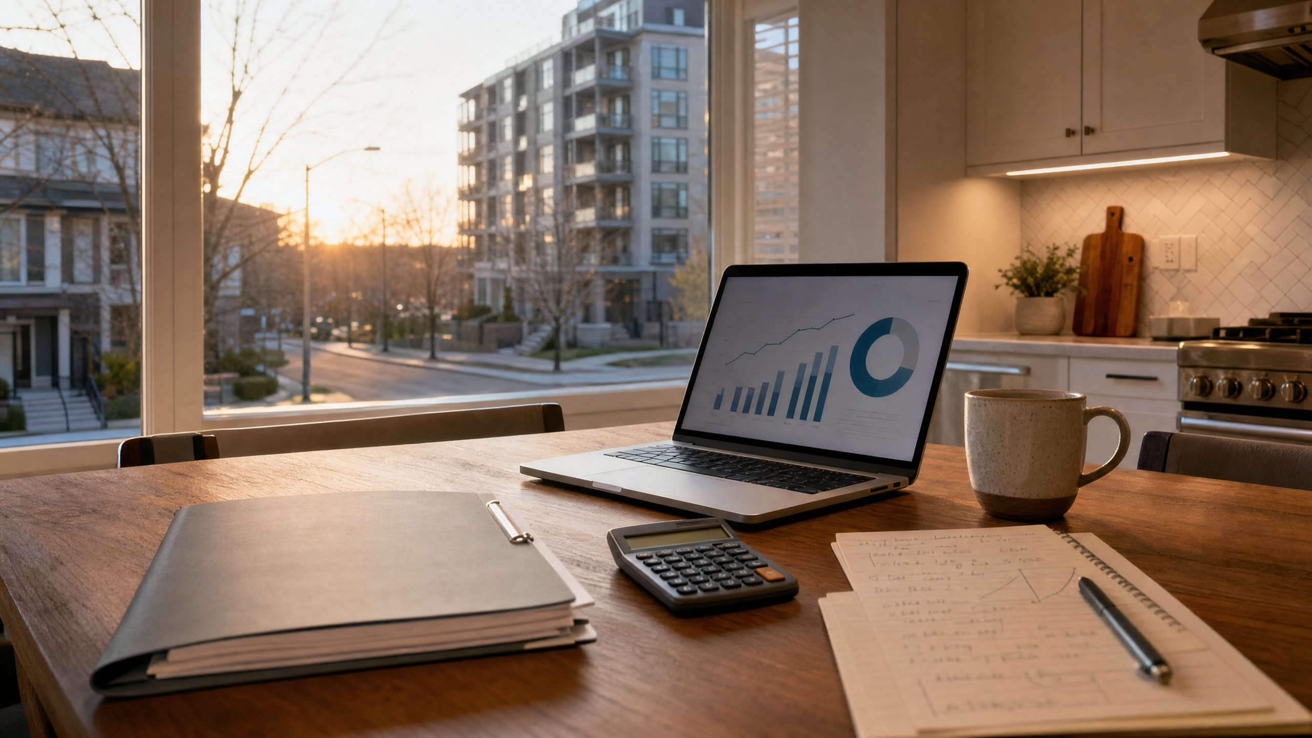 A modern Ontario kitchen table with mortgage planning materials and a neighbourhood view.