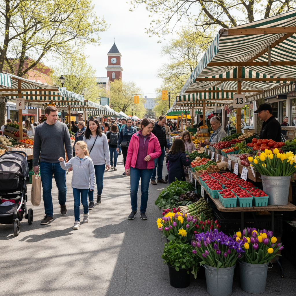 A vibrant Saturday morning farmers market in Oakville Ontario, stalls of fresh produce and spring flowers, families and couples browsing, warm May sunlight, the easy community rhythm of a town at its best