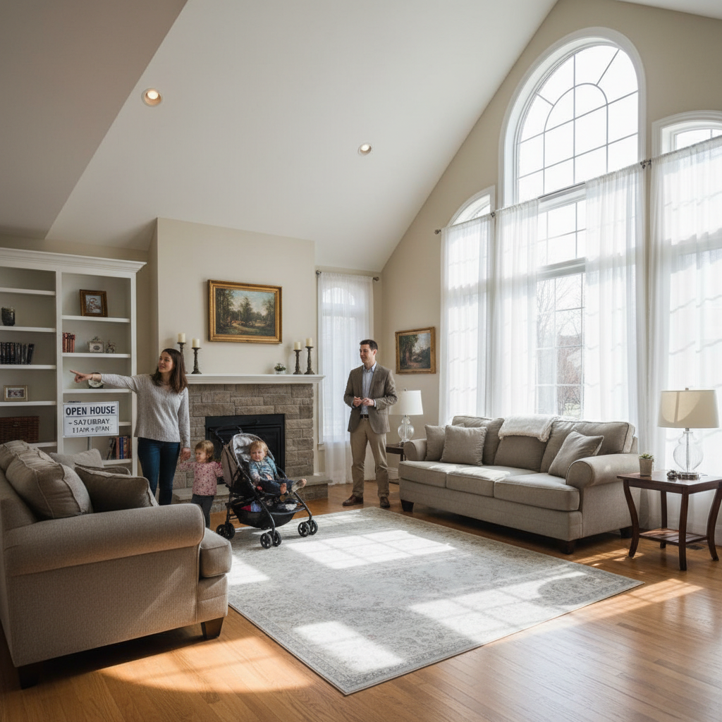 Saturday open house in Richmond Hill, a young family browsing the living room, spring light on hardwood floors