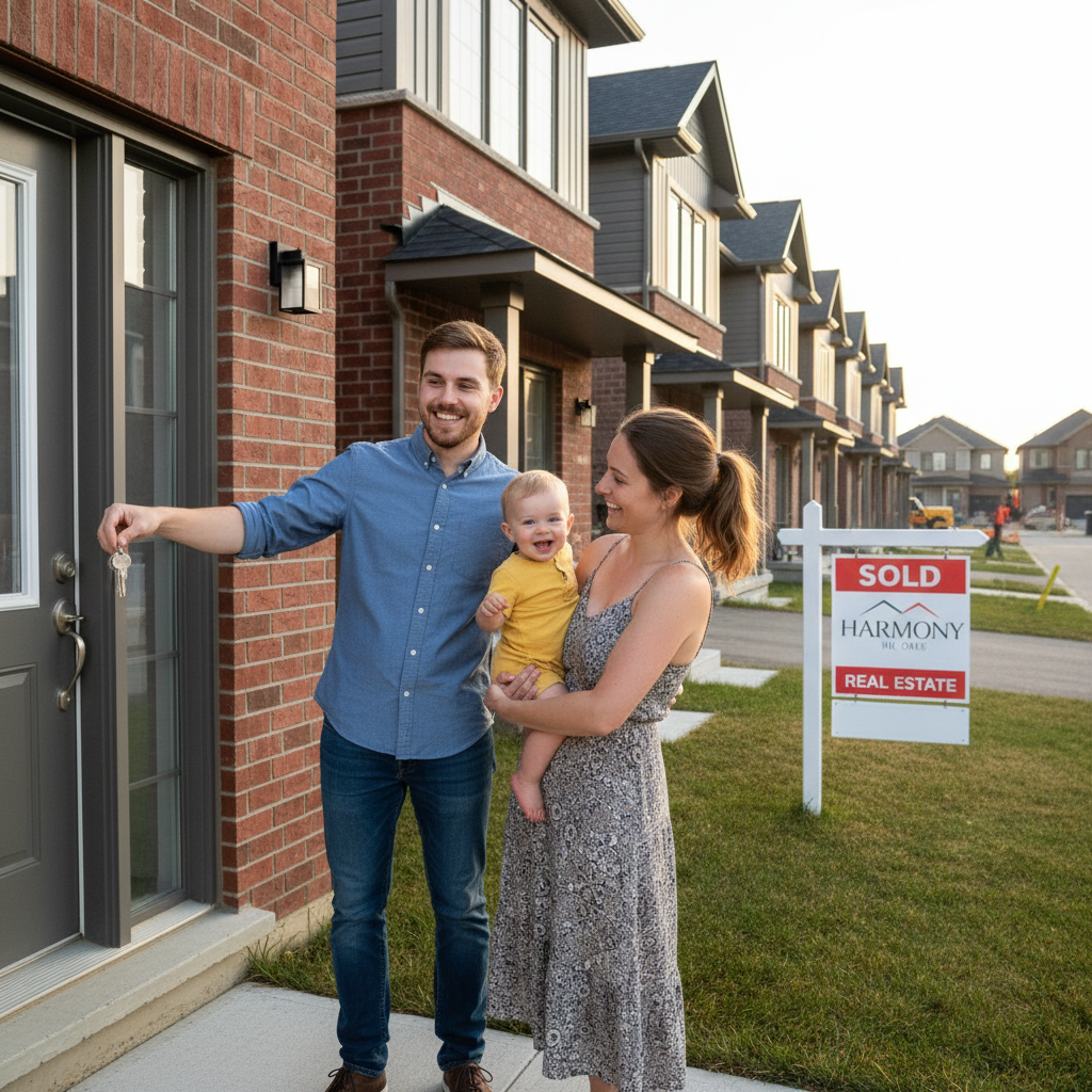 A young family with keys outside their new Cambridge townhome, the particular joy of buying in a city on the rise