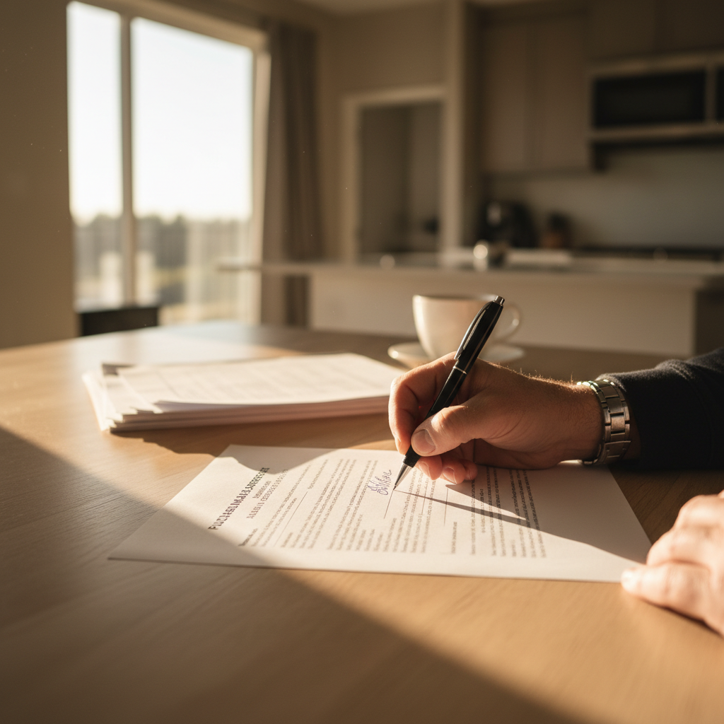 Close-up of a man's hand signing a purchase and sale agreement at a kitchen table in Ajax Ontario, pen on the signature line, the document sharp in focus, warm afternoon light