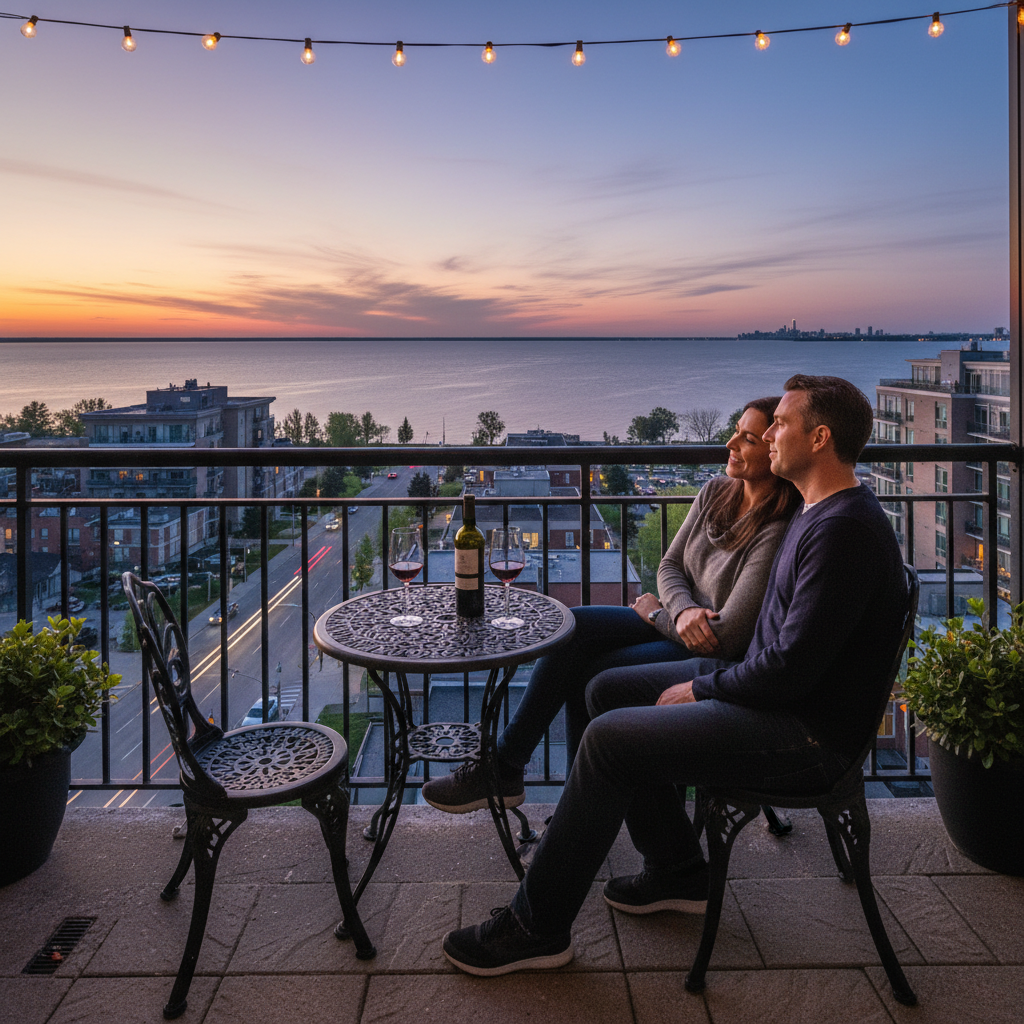Two renovation planners review outdoor deck blueprints at a kitchen island in a Burlington Ontario home, spring light through the window, tools on the counter