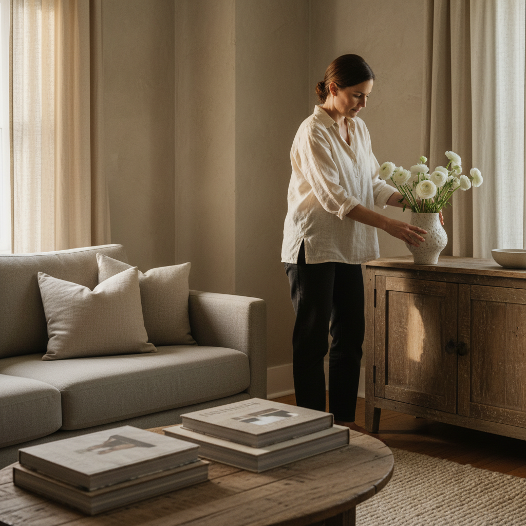 Interior of a Halton Region home being refreshed for spring, a woman placing white ranunculus in a ceramic vase on a sideboard, linen curtains, warm afternoon light on plaster walls, a stack of design books on the coffee table