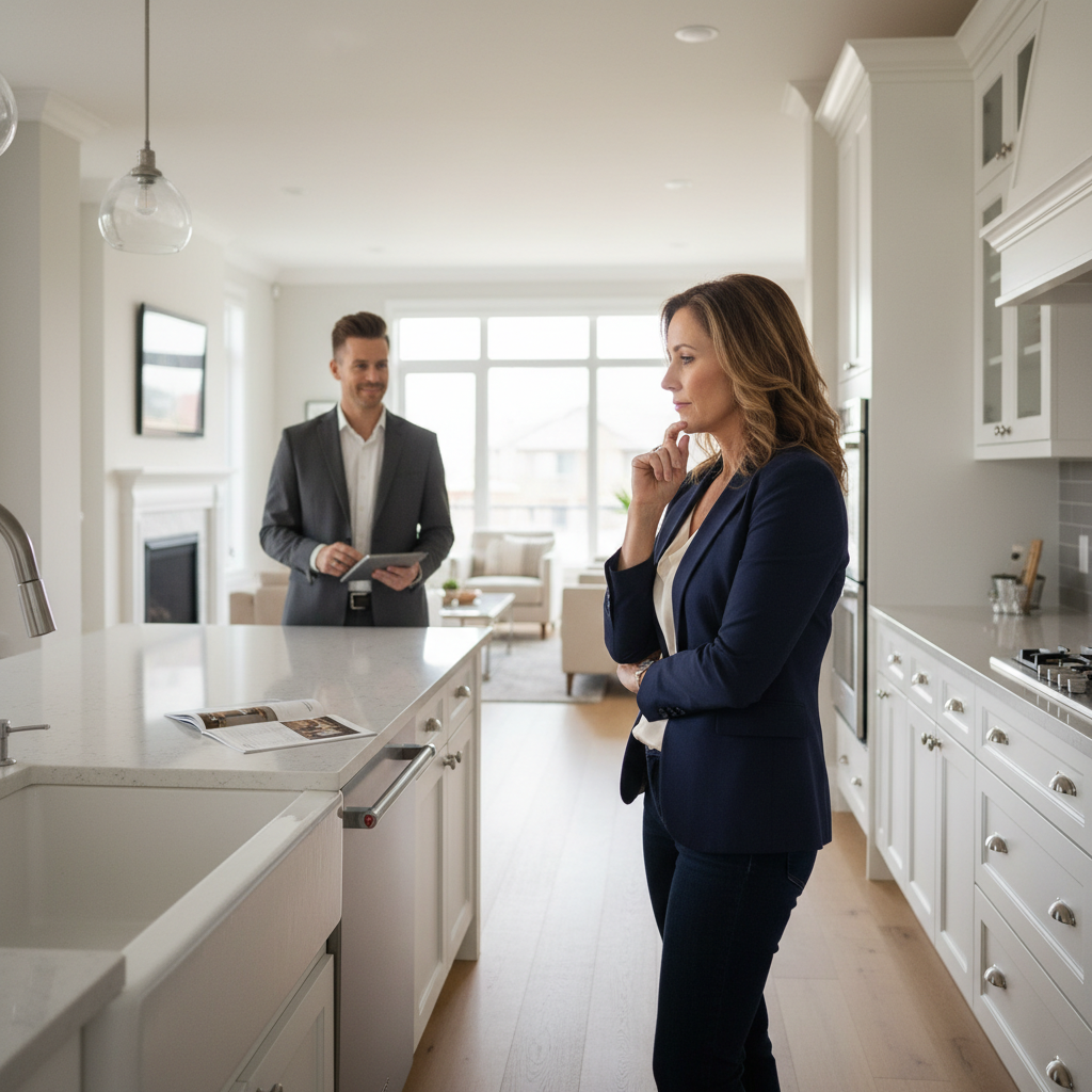 Ontario family reviewing closing documents with real estate lawyer, natural office light, candid consultation