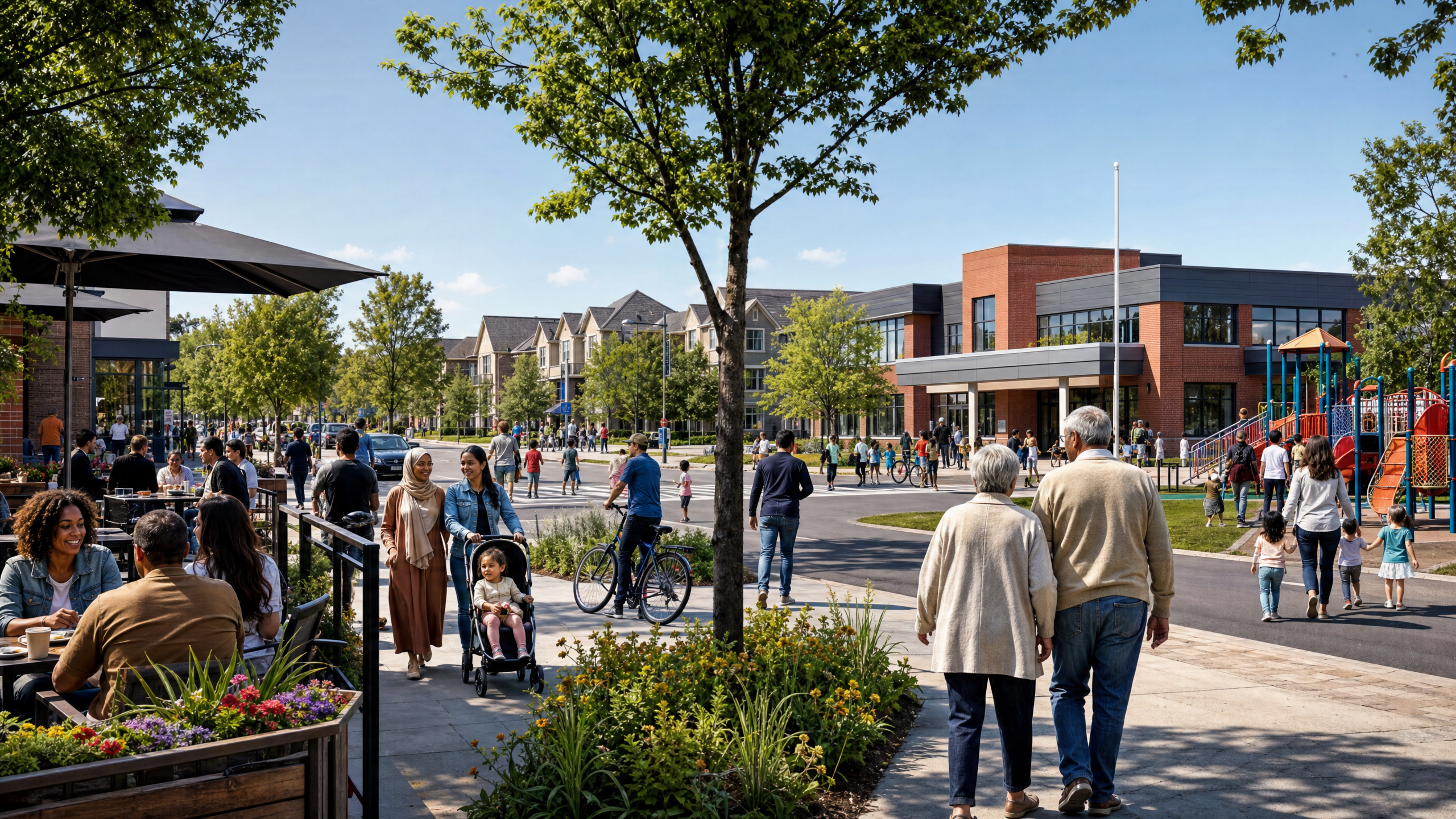 Ontario main street with a school, daycare, restaurant patio, and families walking through the neighbourhood.