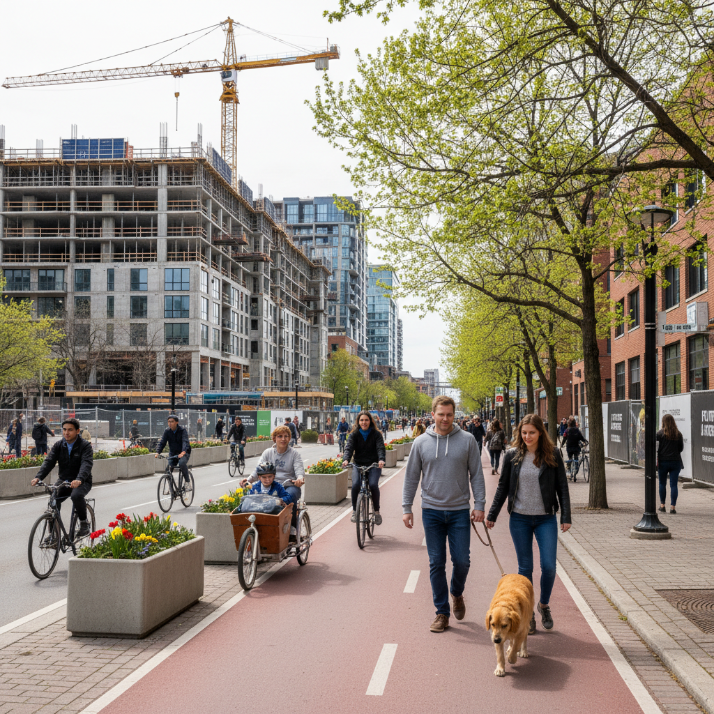 Uptown Waterloo in spring, the mid-rise transformation underway, cyclists and pedestrians on a transit-connected street