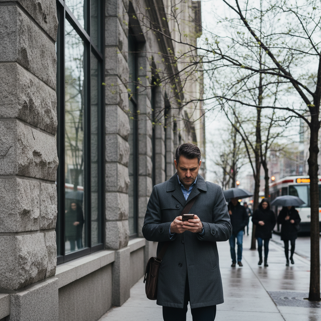 A man outside a bank branch checking his phone on a spring morning