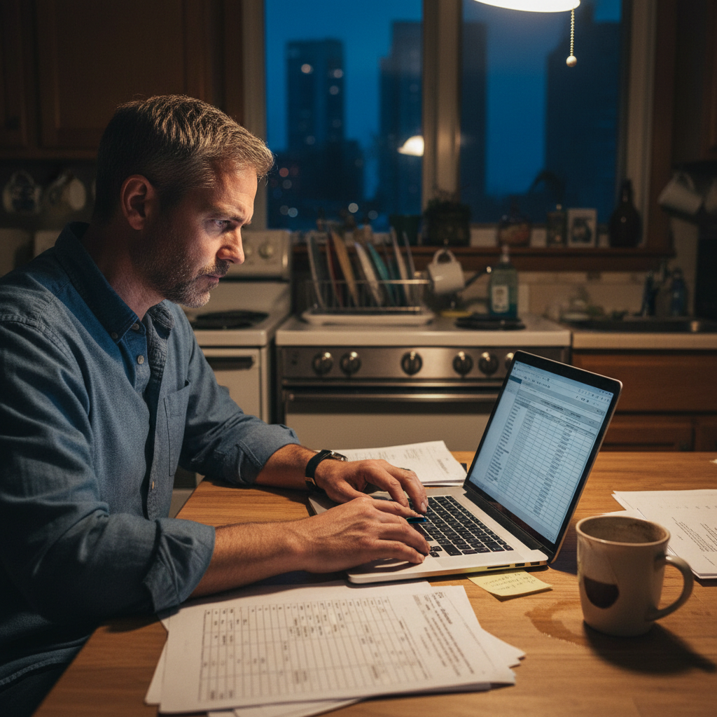 A man at a Hamilton kitchen table late at night, real estate investment spreadsheets and a laptop open in front of him, a cold coffee beside him, the serious focus of someone calculating their financial future
