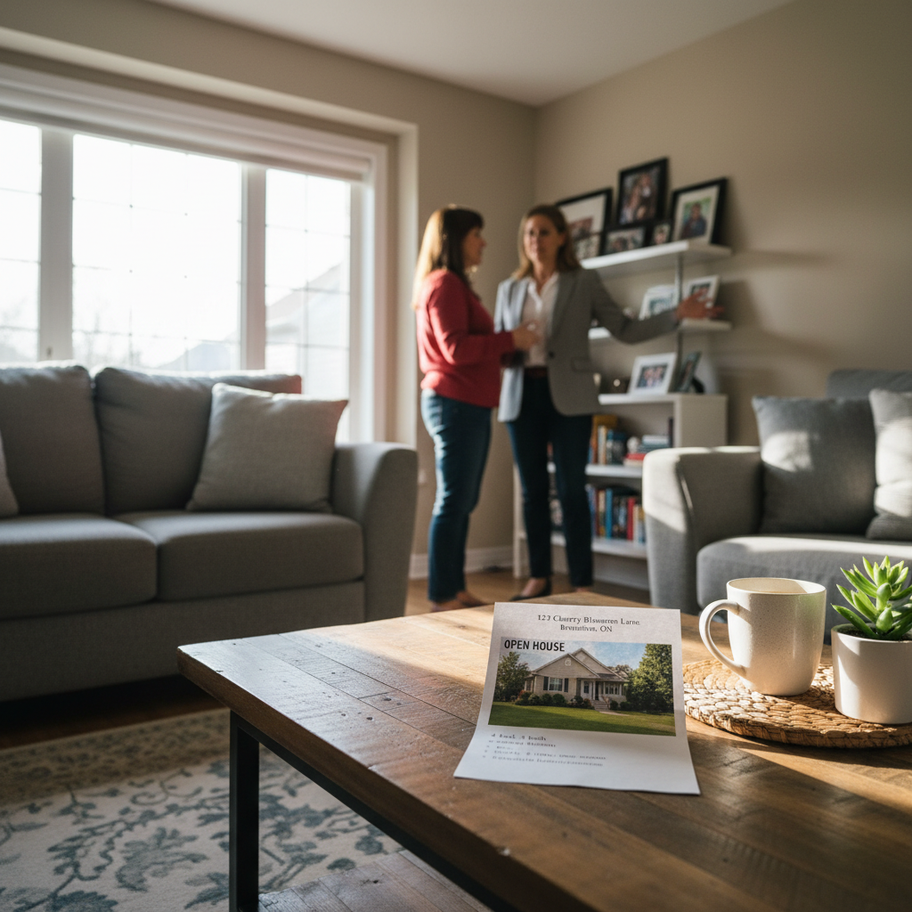 A couple walks through an open house in a Mississauga semi-detached, the woman looking at ceiling height, the man checking property details on his phone, spring light