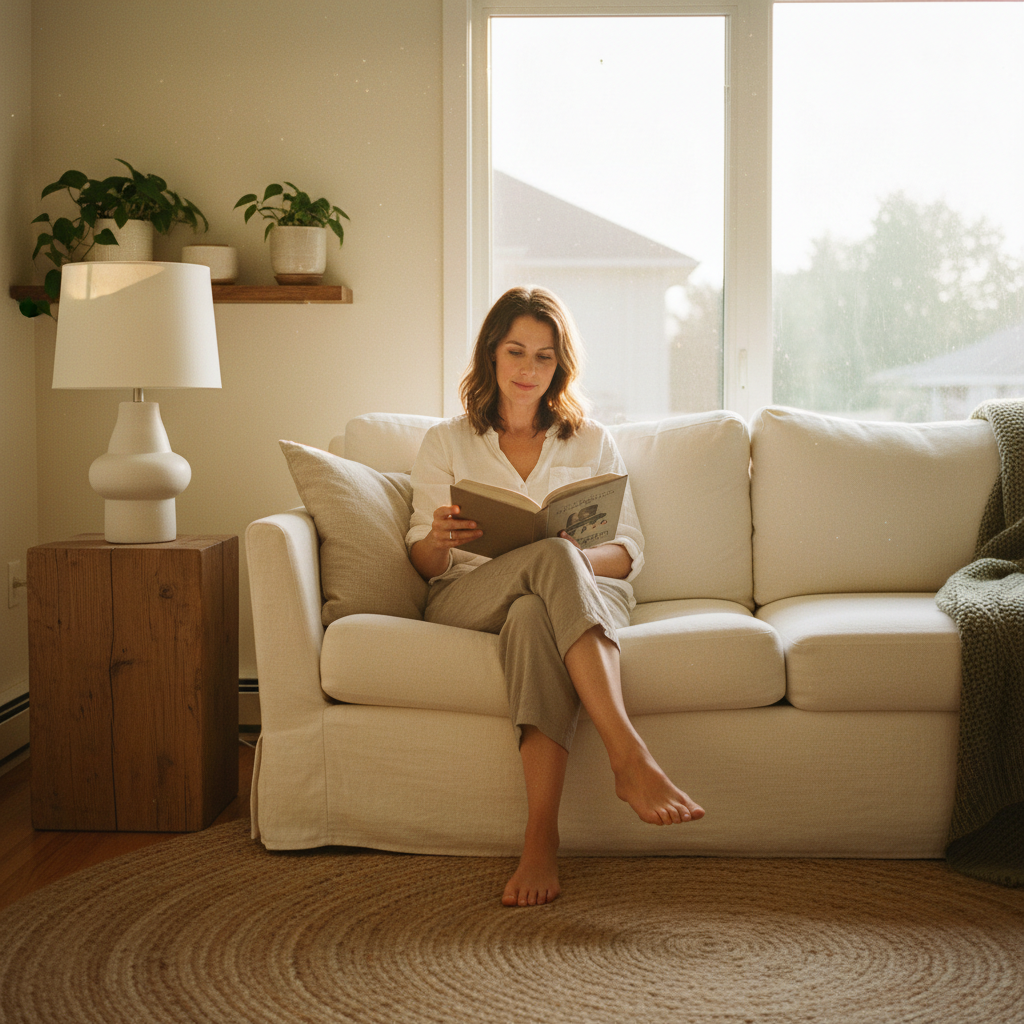 A woman in her 30s sits in a bright Burlington Ontario living room with natural linen cushions on a cream sofa, a ceramic lamp beside her, reading in warm afternoon light