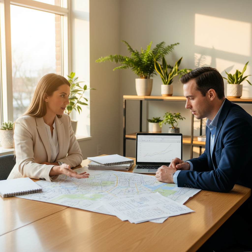 Two YorkNine real estate professionals reviewing a neighbourhood map and notes in warm office light