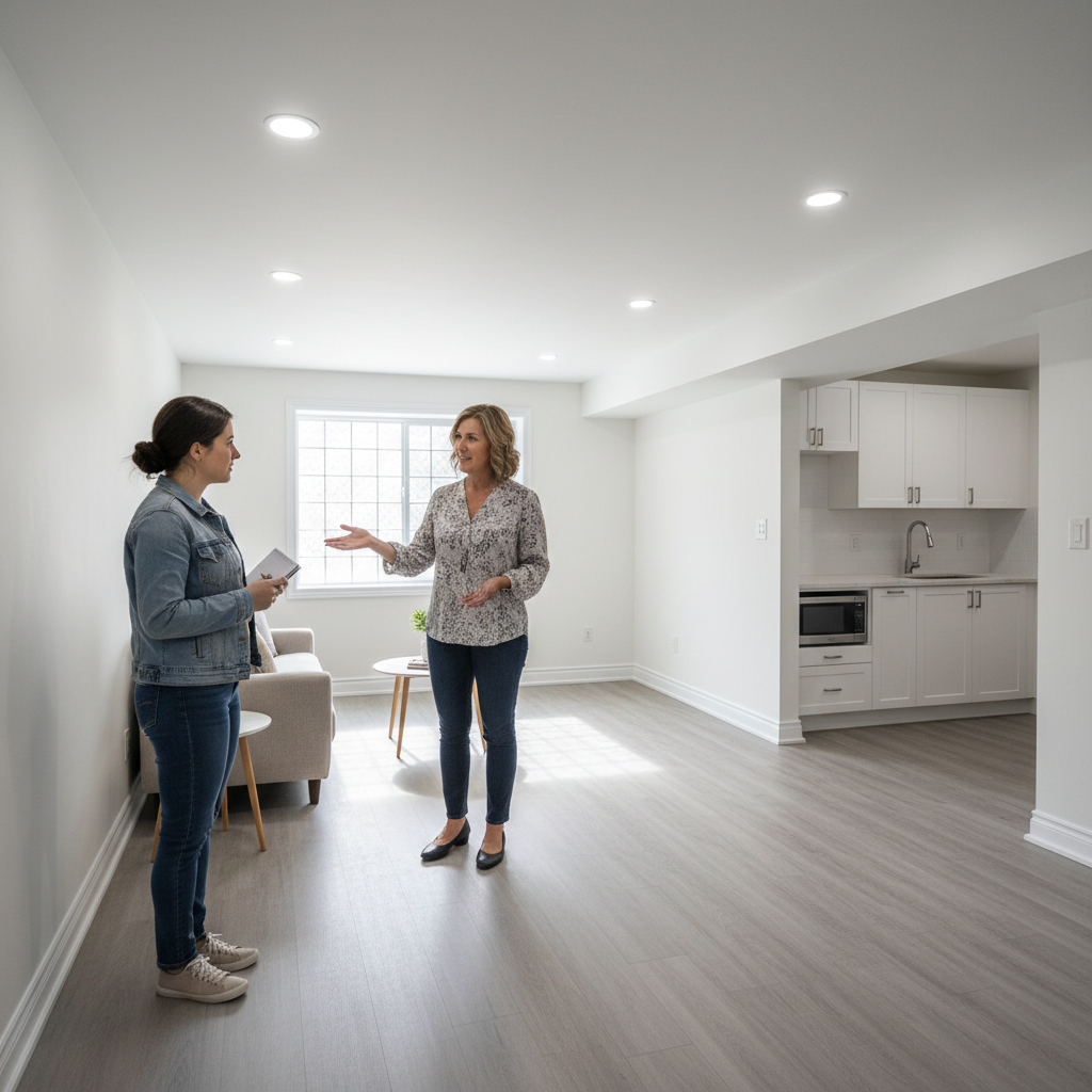 Interior of a basement apartment in a Durham Region home, a property manager showing a renovated unit to a prospective tenant, bright pot lights, vinyl plank flooring