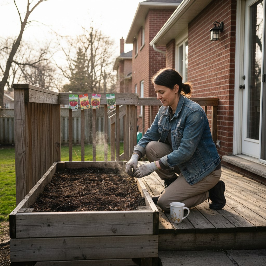 A woman tending raised garden beds on a brick home deck in Oakville, spring morning, the quiet satisfaction of a garden returning to life