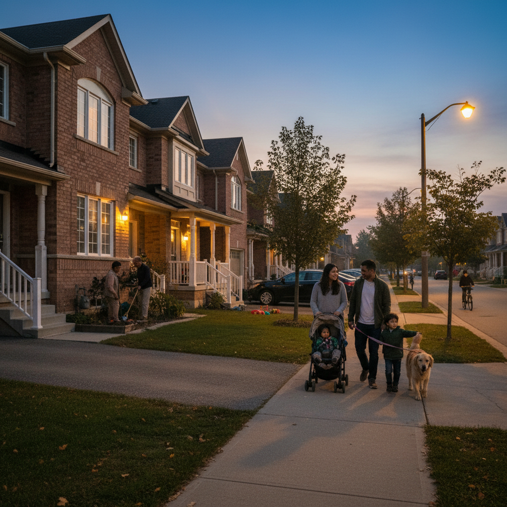 A young family walking a dog at dusk in a Brampton townhouse neighbourhood