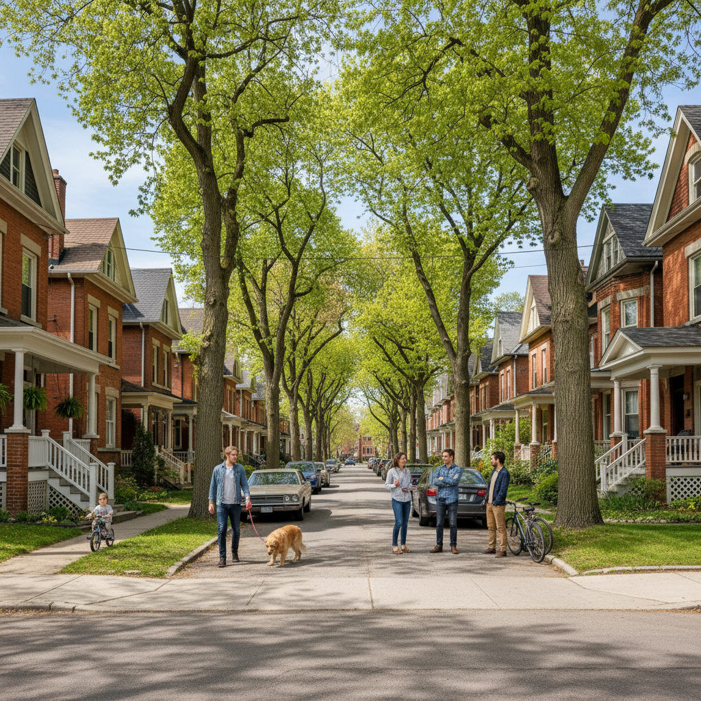 Wide street view of a tree-lined block in the Durand neighbourhood of Hamilton Ontario on a sunny Saturday in May, heritage brick homes with front porches, a couple walking a dog