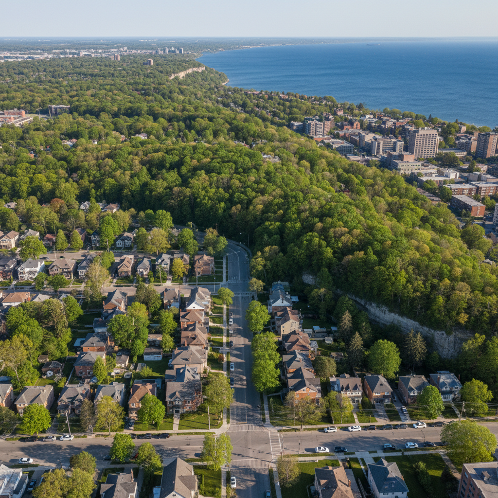Aerial drone view of Hamilton Ontario showing the escarpment edge above the lower city, Lake Ontario visible in the far distance, a clear May morning
