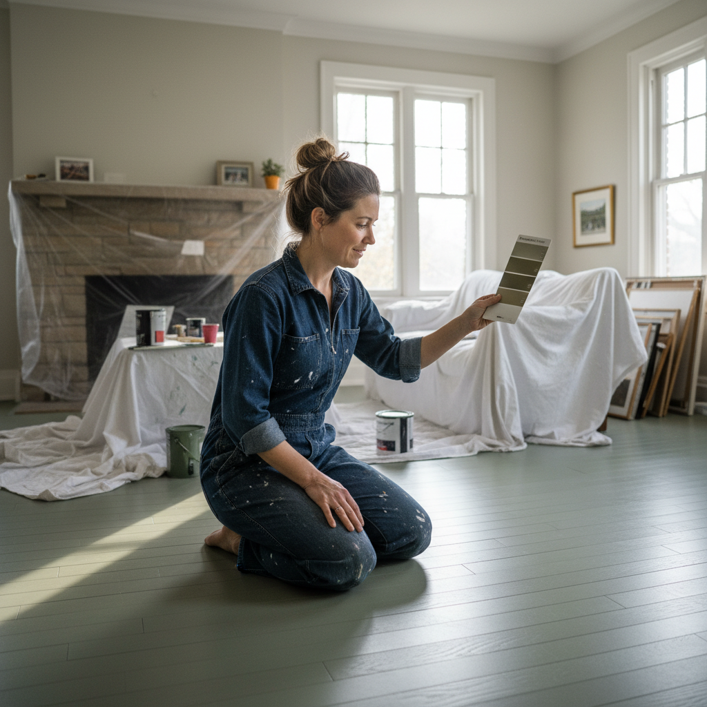 An Oakville homeowner kneels on a freshly painted sage green hardwood floor, holding a colour swatch up to afternoon light streaming through tall windows