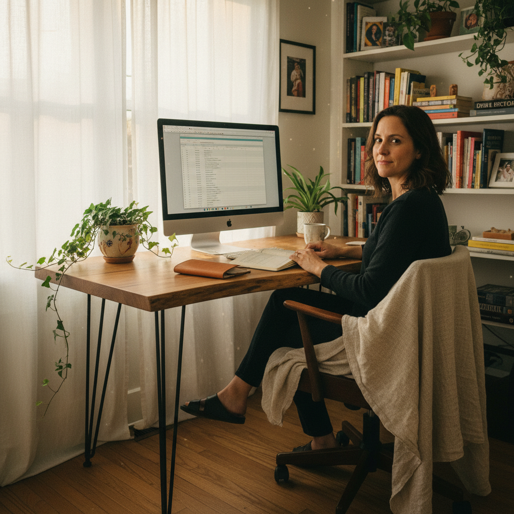A woman works at a solid wood desk in a Burlington Ontario home office, a linen throw on her chair, a small ceramic pot with greenery beside her monitor, warm afternoon light through sheer curtains