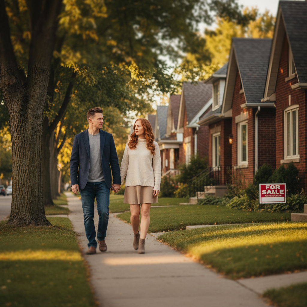 A couple walks hand in hand past a row of detached homes in Oakville Ontario at golden hour, a for-sale sign on one lawn, both looking at the homes with quiet determination