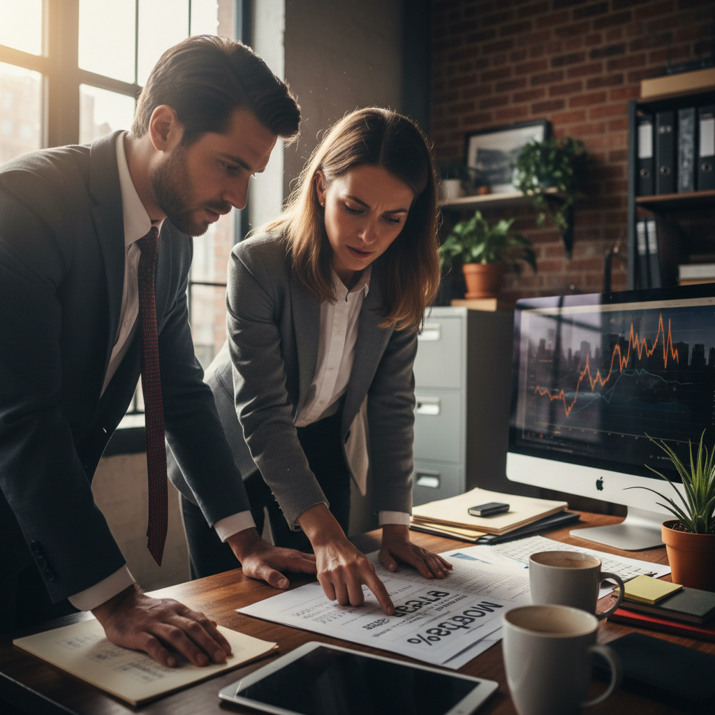 Two GTA real estate agents lean over a printed mortgage rate sheet in their office on the morning of the Bank of Canada announcement, coffee cups on the desk, a screen showing Bank of Canada behind them