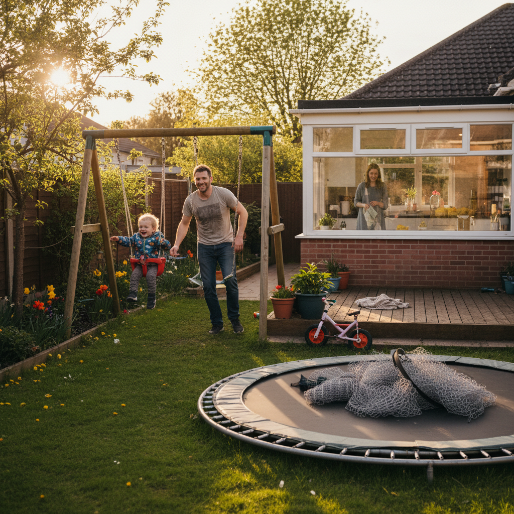 A GTA family backyard on a spring evening, a father pushing a child on a swing, mother watching from the kitchen window, golden light