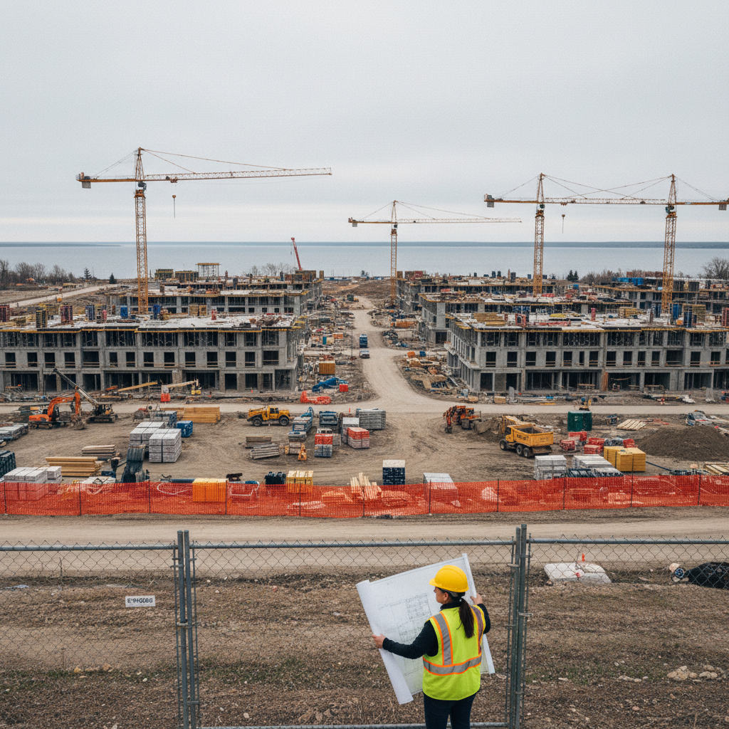 The future Orbit GO station site in Innisfil, a site supervisor reviewing plans, the scale of what is being built