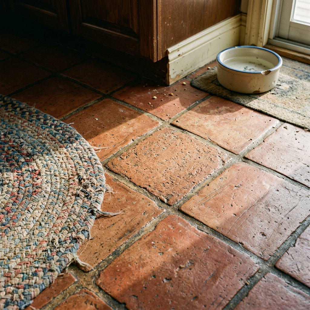 Close-up of freshly laid terracotta tiles on a kitchen floor in an older Oakville Ontario home, a worn braided rug at the edge, afternoon light raking across the texture, a dog's water bowl in the corner, the beauty of an imperfect home
