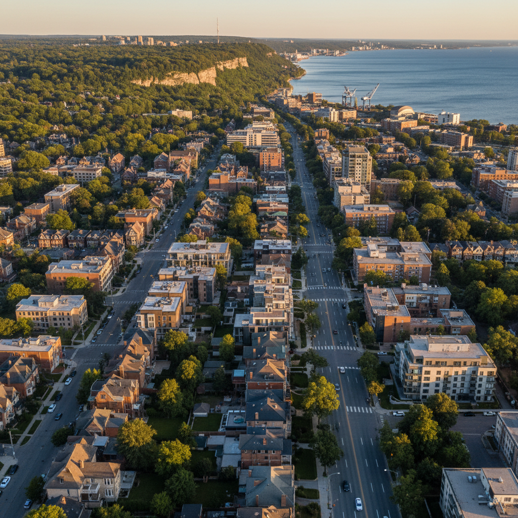 Drone aerial over Hamilton Ontario's lower city at golden hour, the escarpment in the background, a mix of century homes and new infill below, Lake Ontario glinting at the frame edge, the portrait of a city on the cusp of its moment