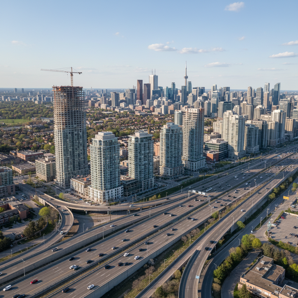 Aerial drone shot of the GTA skyline on a clear May Saturday morning, condo towers under construction in North York