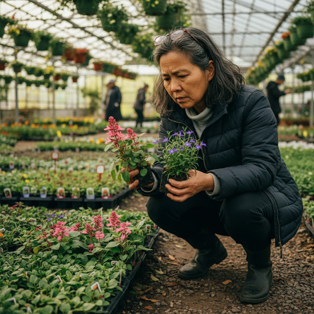 A Chinese Canadian woman at a GTA nursery comparing spring perennials, the ritual of beginning