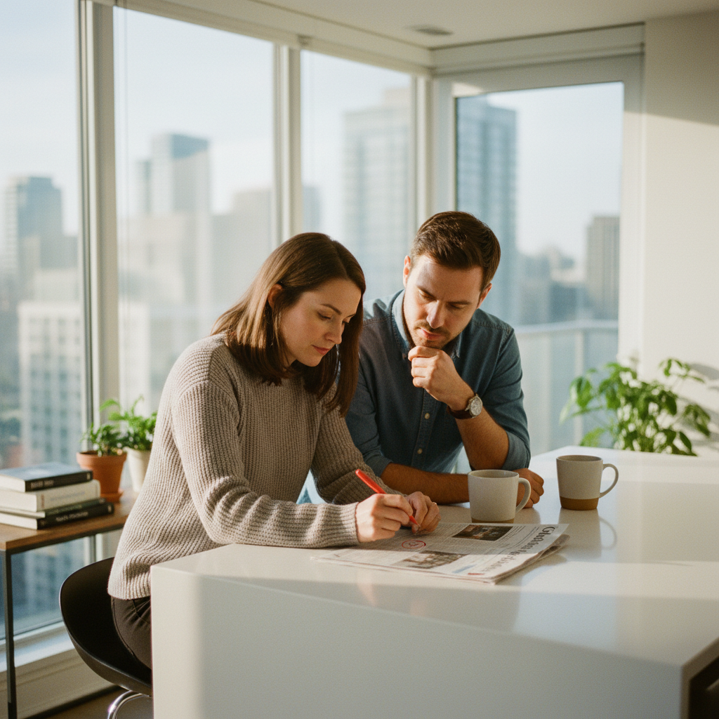 A couple at a kitchen island circling listings, the markers of a decision being made together
