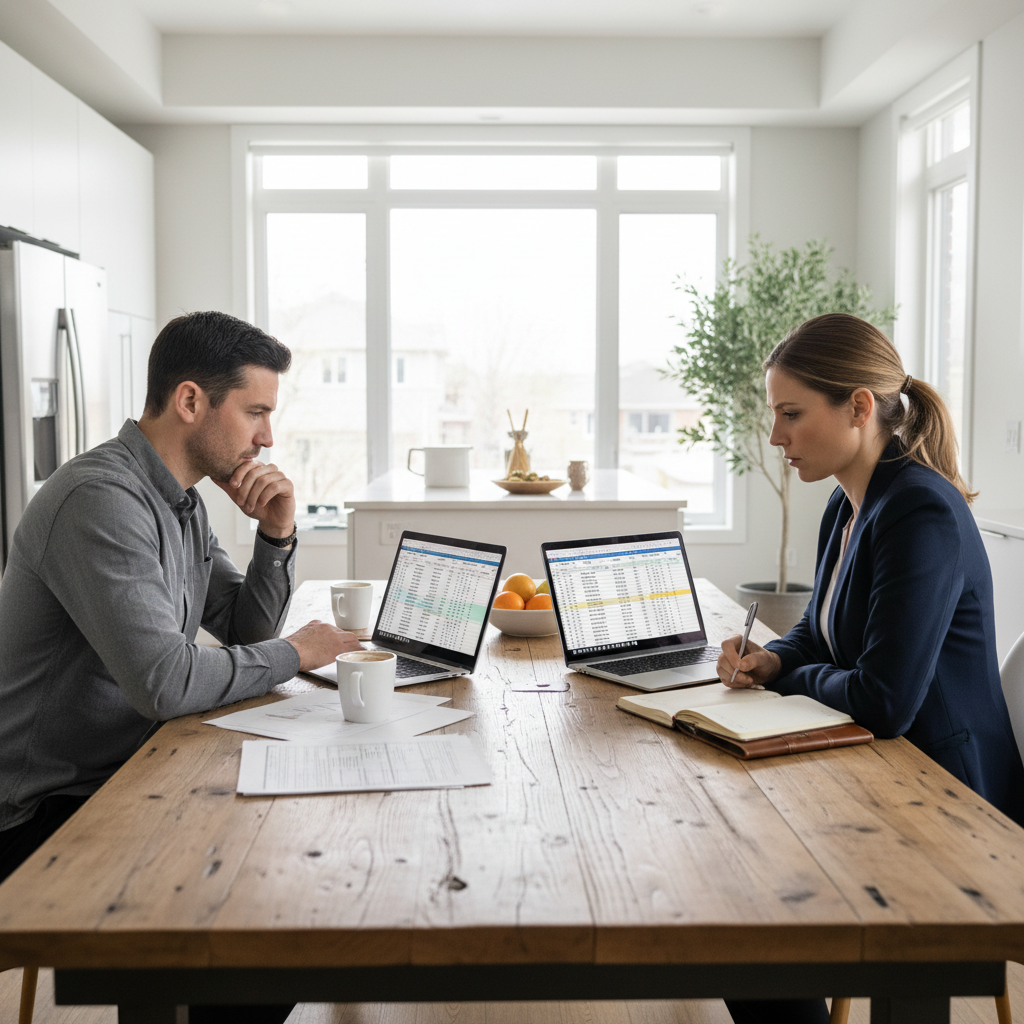 Two partners reviewing selling documents at a kitchen table in Richmond Hill