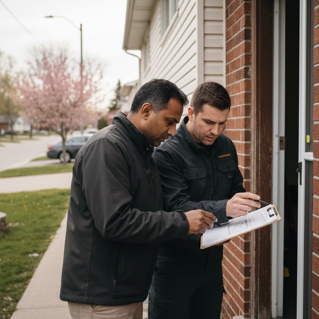 A Durham Region landlord and contractor reviewing basement suite renovation notes beside a detached home