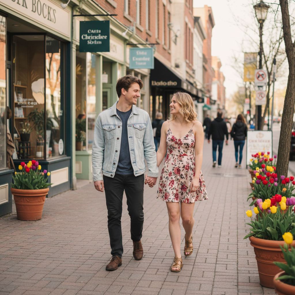 Young couple walking hand in hand through Hamilton Locke Street South on a Saturday morning, independent cafes and boutiques on either side, spring tulips in planters