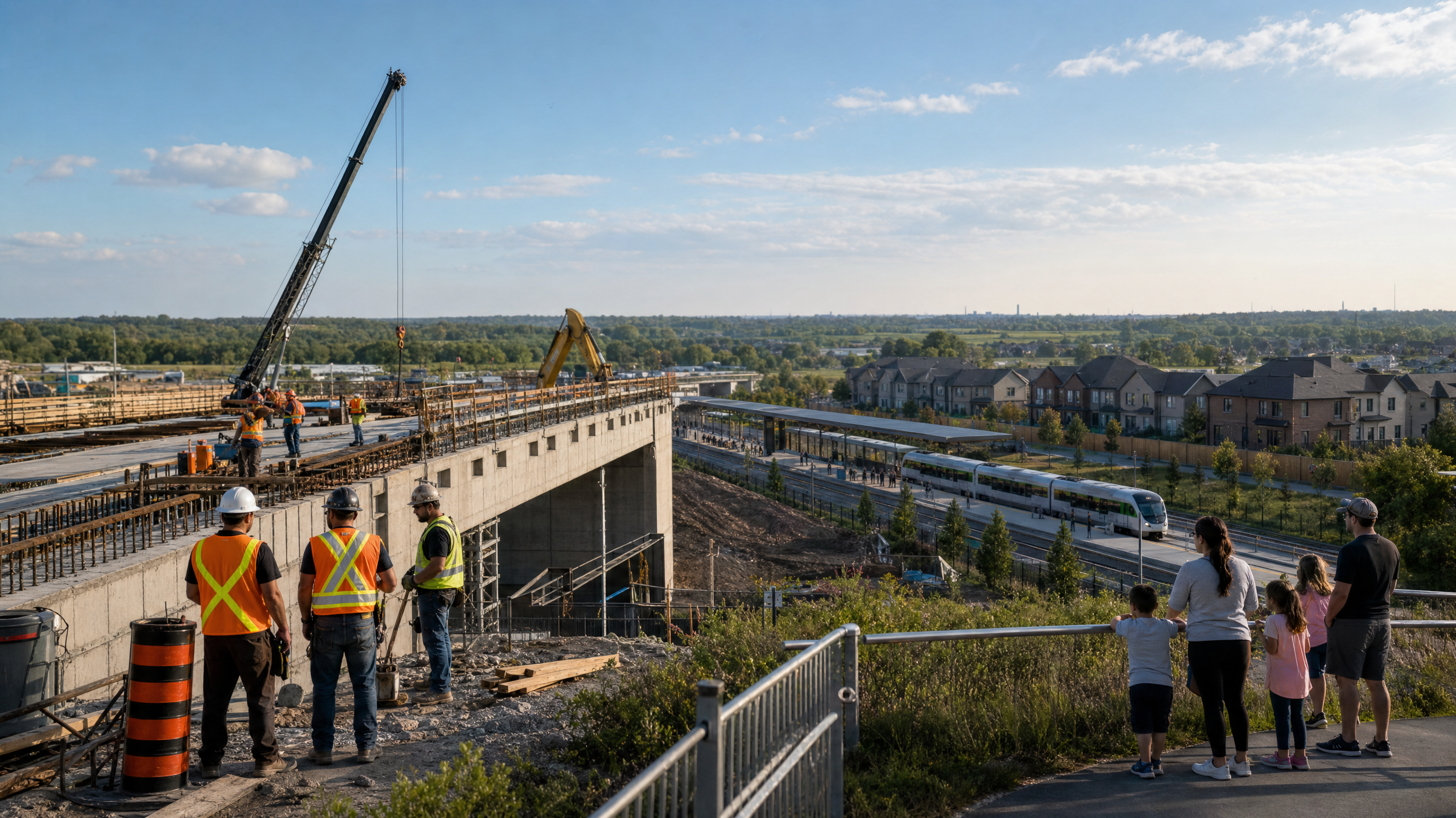 A Clarington GO train bridge construction scene with families, workers, and future transit energy.