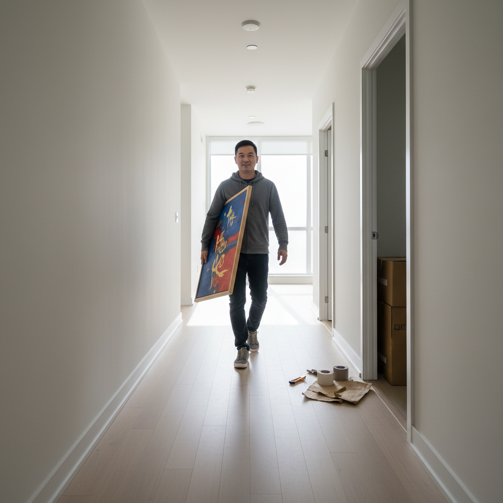 A Vietnamese Canadian man carrying a framed artwork into his new condo, new life beginning on a corridor of possibility
