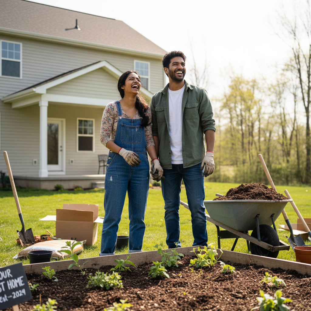 A young couple laughing in their first backyard, soil on their gloves, the dream made real