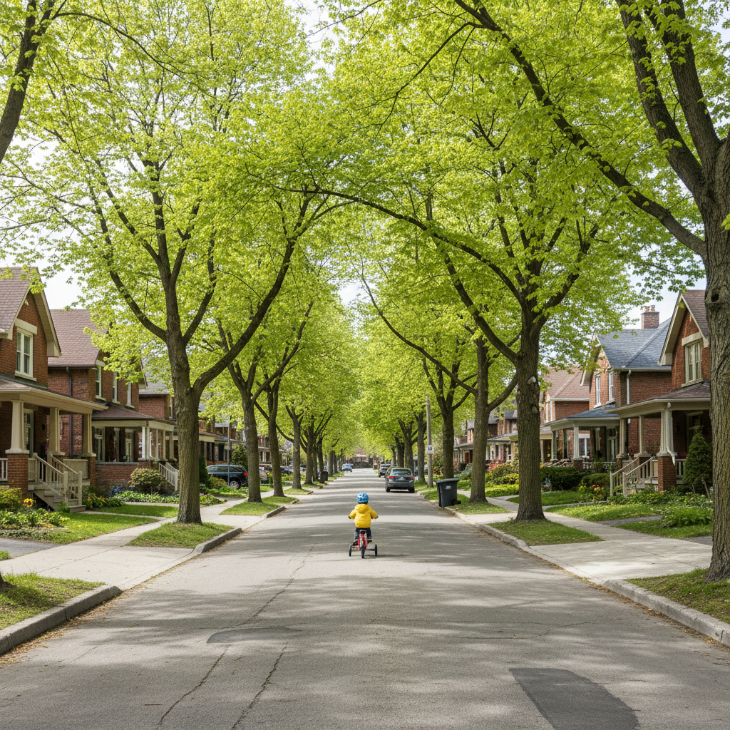 A mature maple-lined residential street in Etobicoke Ontario on a sunny May morning, dappled light on the sidewalk, a child on a bicycle in the middle distance, the quiet beauty of an established neighbourhood