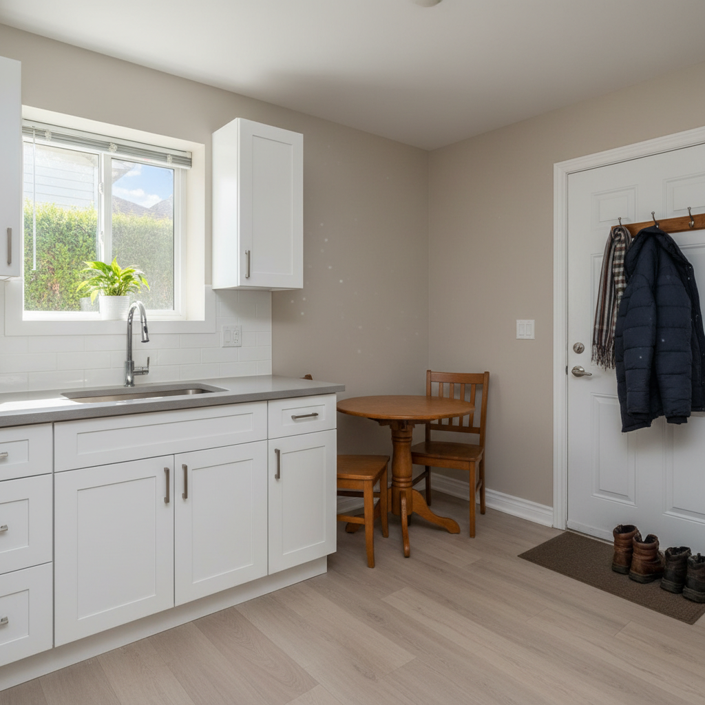 Interior of a Hamilton Ontario legal basement suite with a separate entrance door open to spring light, a small tidy kitchen, a tenant's bicycle by the wall, the honest dignity of affordable housing done right
