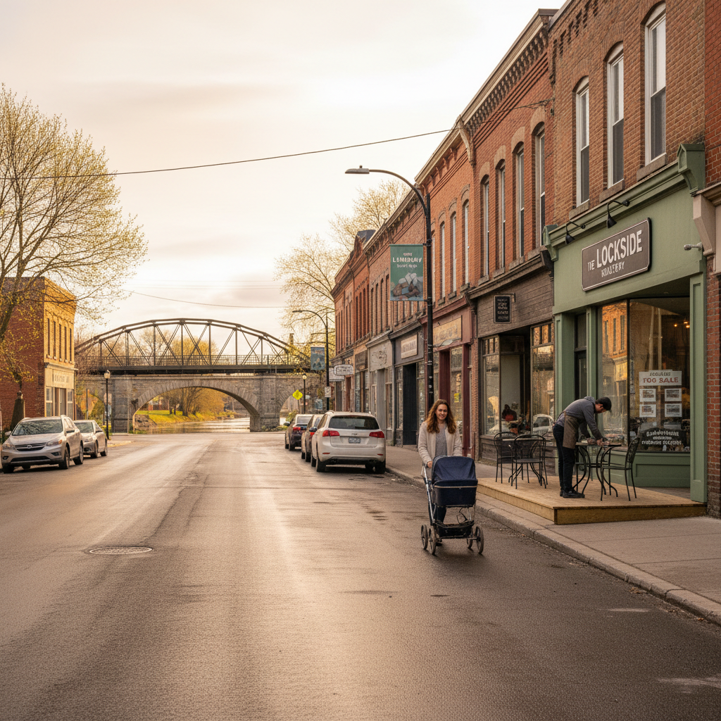 Lindsay's main street in spring, the Trent-Severn waterway bridge at the end of the street, the quiet full life of a river town