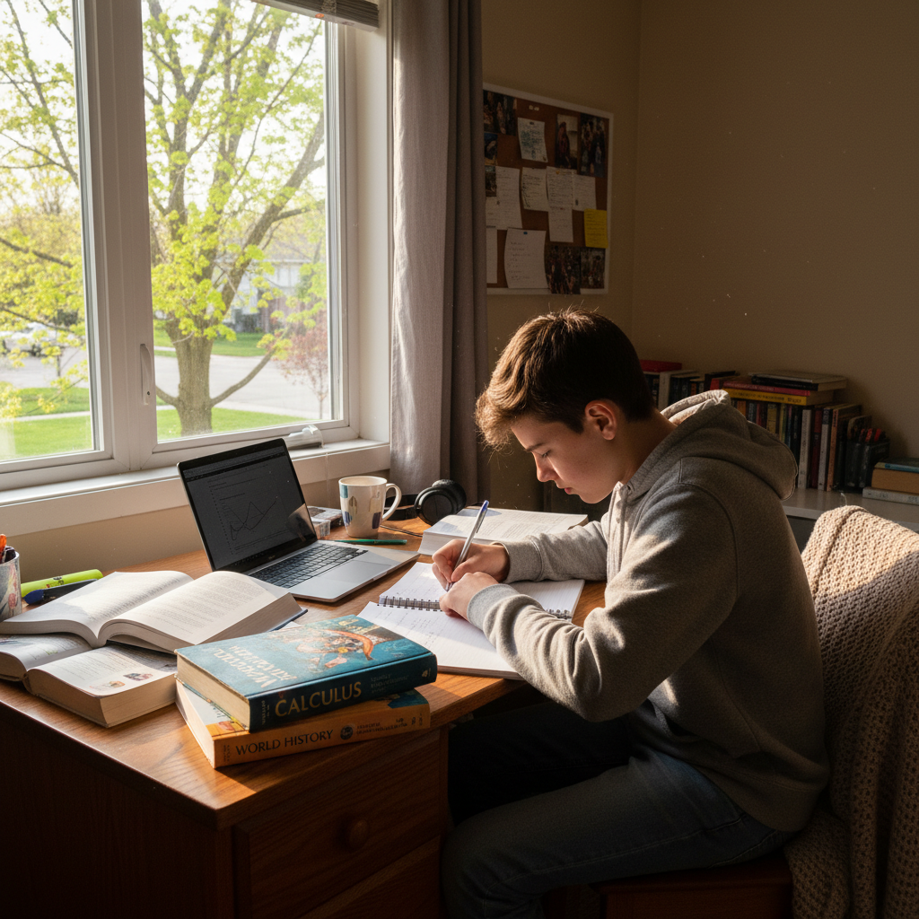 A teenager at a sunlit desk in Richmond Hill, spring maples outside the window, the productive quiet of a home that works