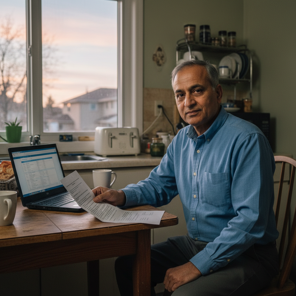 A homeowner in a Mississauga kitchen reviewing mortgage documents beside a laptop