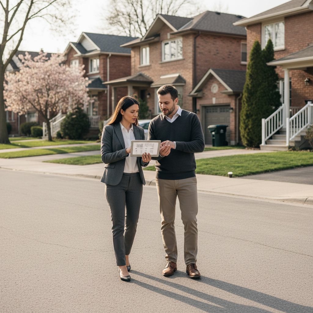 A GTA real estate agent and buyer reviewing market notes on a quiet Vaughan street