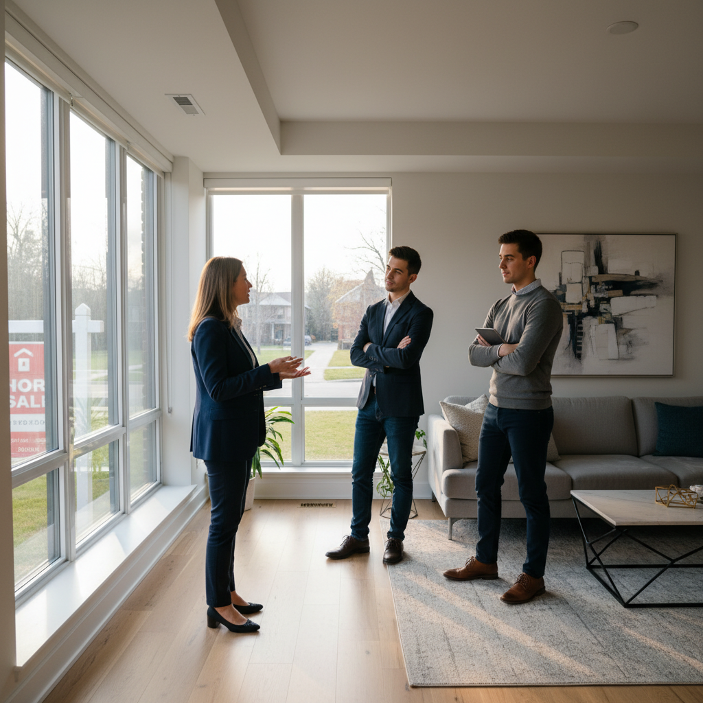 An open house in a bright GTA living room with buyers speaking to an agent