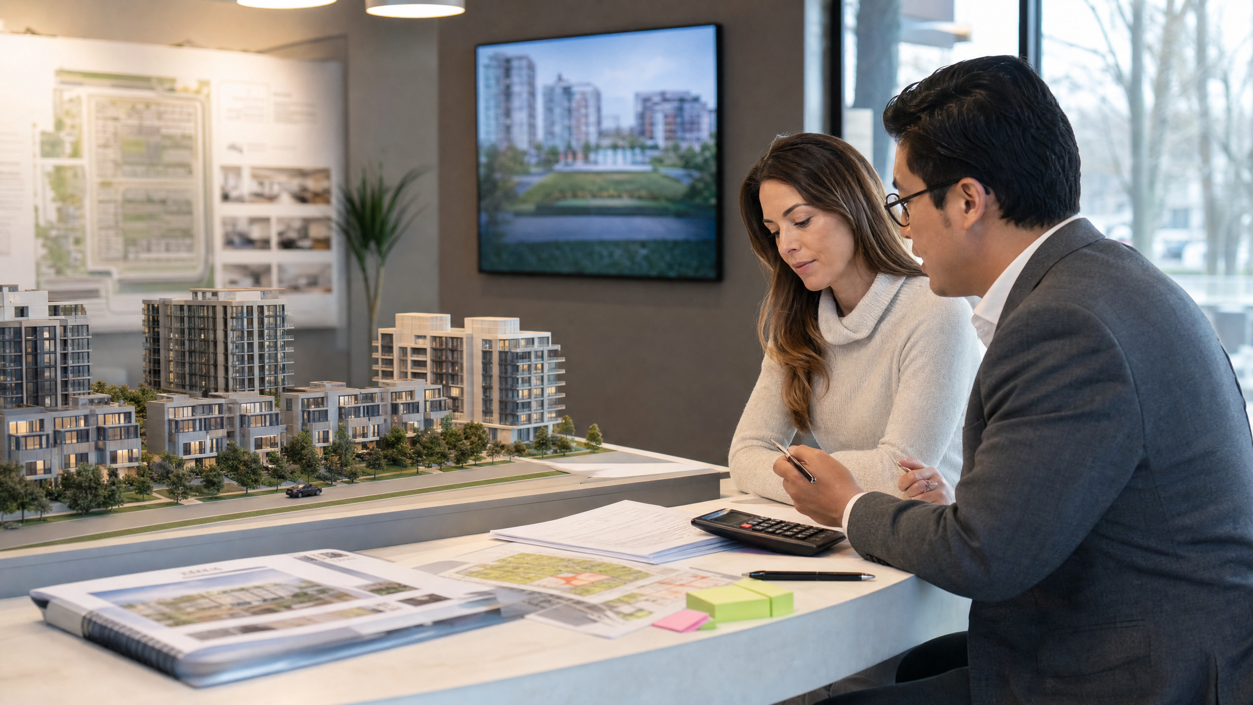 A pre-construction sales centre where a buyer and advisor review the numbers beside a building model.