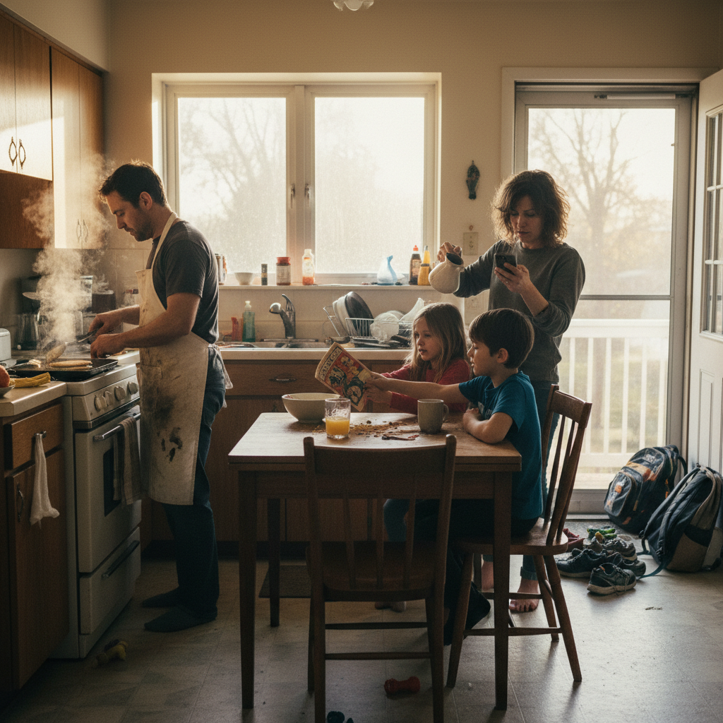 A GTA family breakfast in motion, father at stove, children mid-morning, the gloriously imperfect choreography of real life