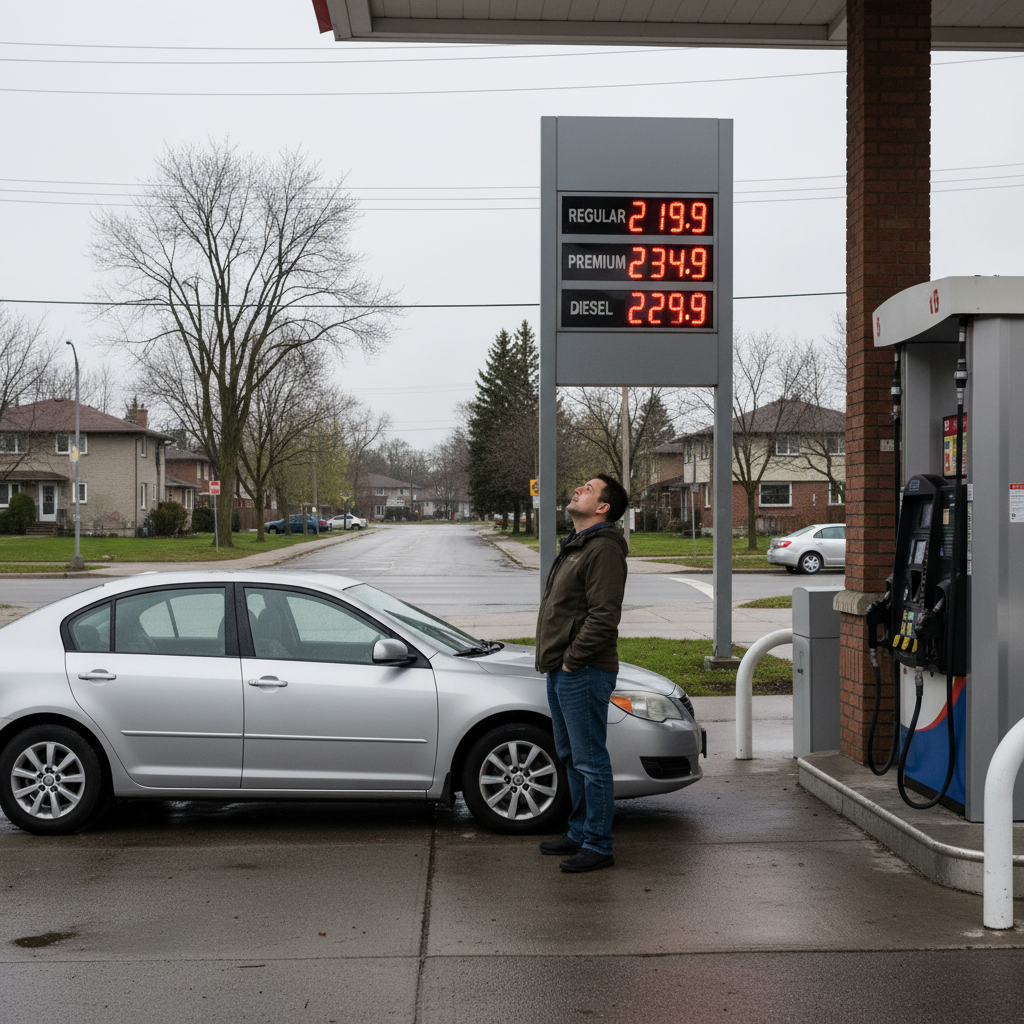 A driver in Mississauga looks up at elevated fuel prices on a gas station sign, quiet suburban intersection, grey spring morning, the ordinary weight of economic pressure on a household