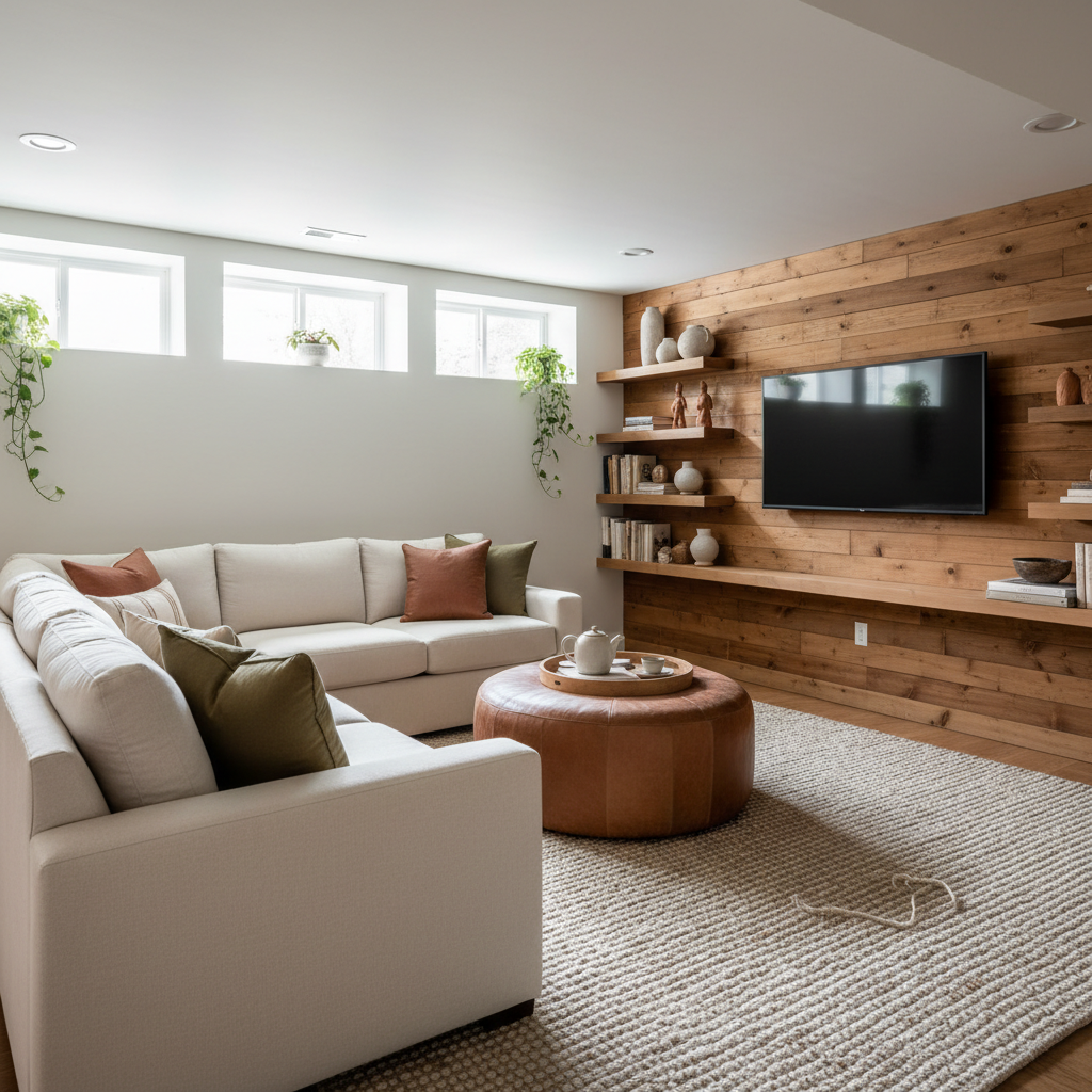 Finished GTA basement lounge staged as real family living space