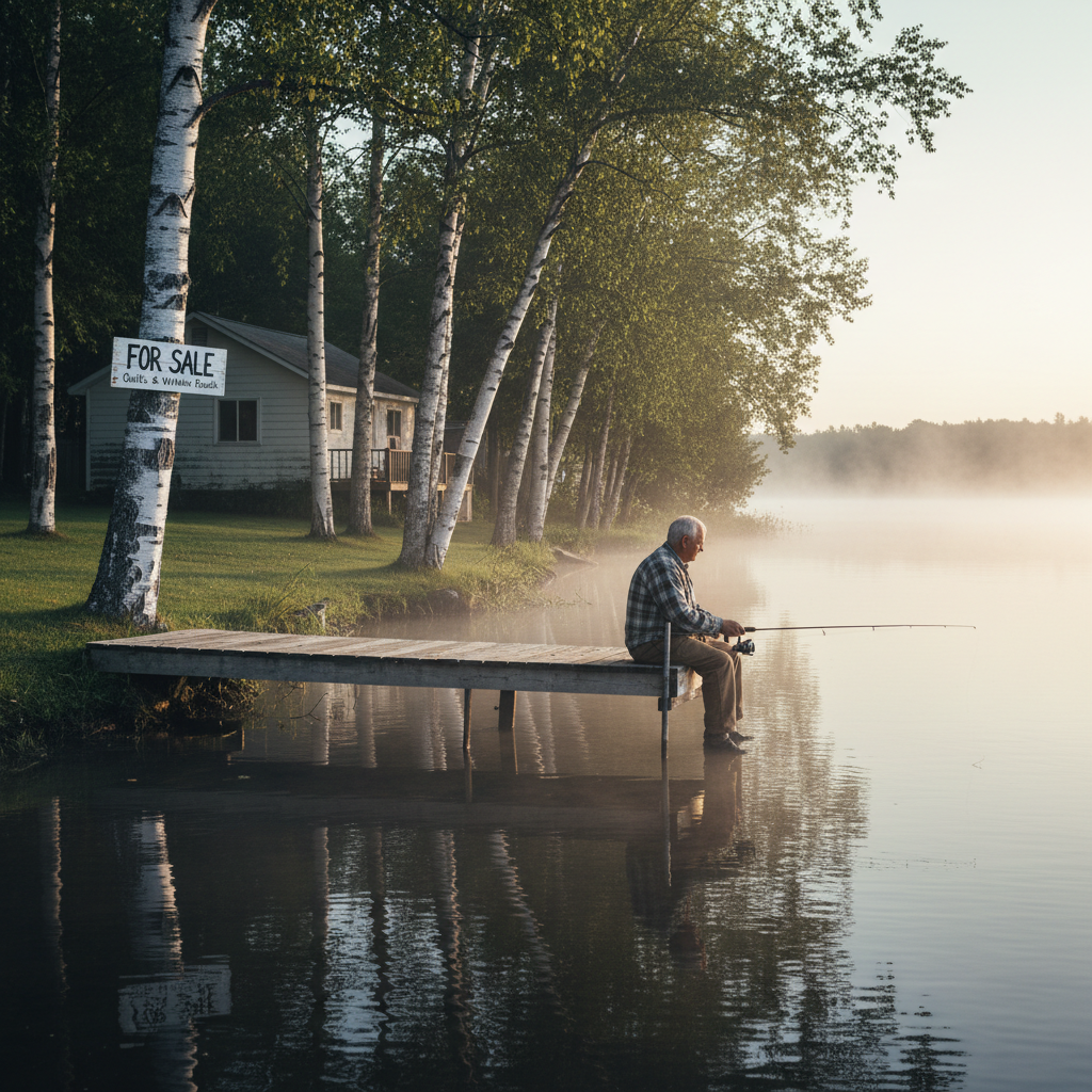 A dock on Sturgeon Lake at dawn, mist on the water, a fisherman at the end, a FOR SALE sign through the birch trees